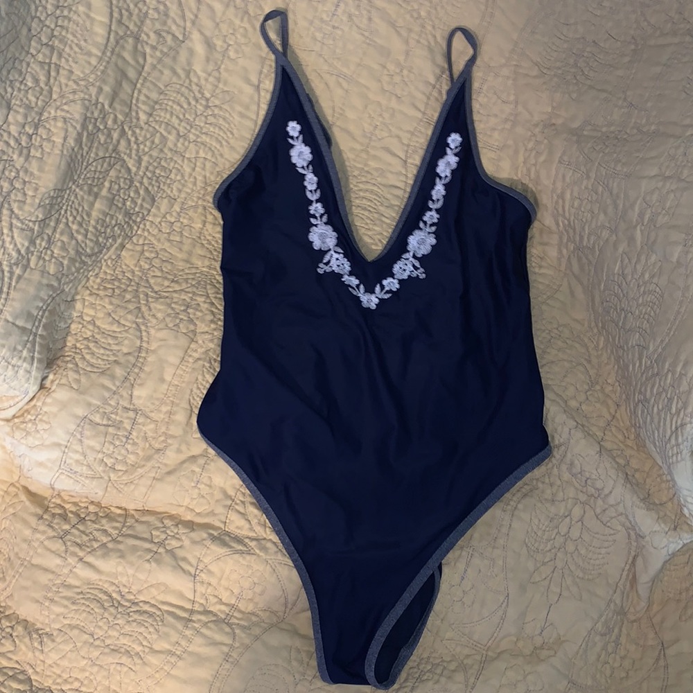Aerie Deep V navy swimsuit one piece floral